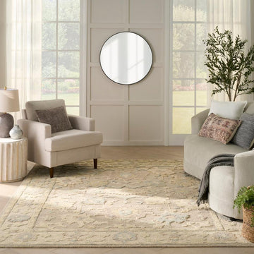 Maison MSO01 Traditional Persian Vintage Oushak Floral Border Hand-Knotted Sculpted Textured Hi-Low Aged Patina Wool Loop Pile Taupe/Ivory Rug-Nourison-Rug Love - The Most Loved Rug Store